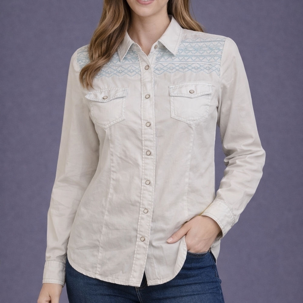 Vtg BONGO Western White Embroidered Long Sleeve Rodeo Snap Top